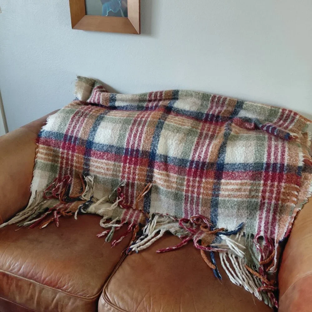 Soft Mohair Tartan Plaid Blanket | Red & Green Check Cozy Farmhouse Cottagecore